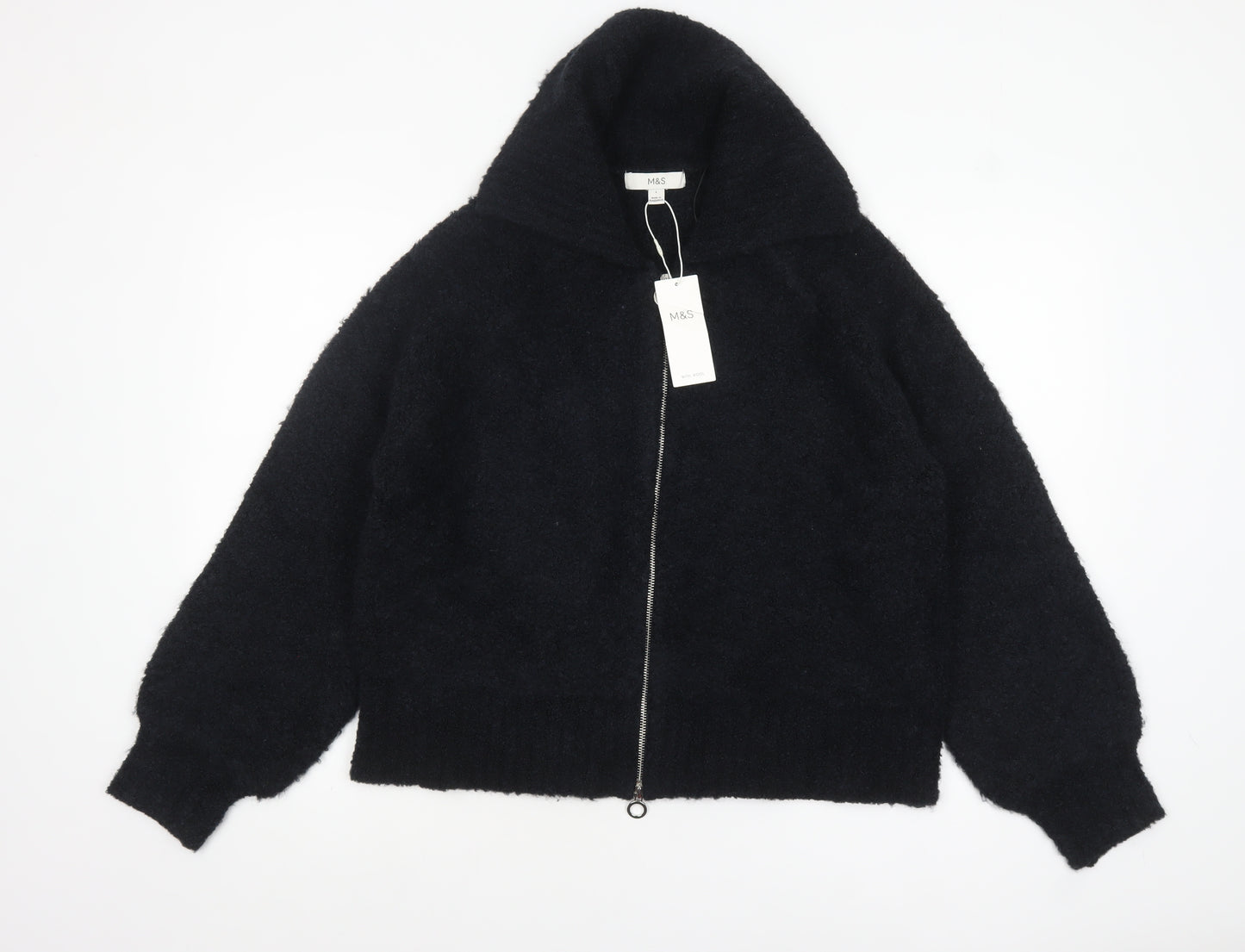 Marks and Spencer Women Black L Full Zip Hooded Knit Jumper