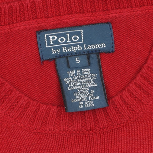 Polo Ralph Lauren Boys Red Cotton Crew Neck Jumper Size 5 Years