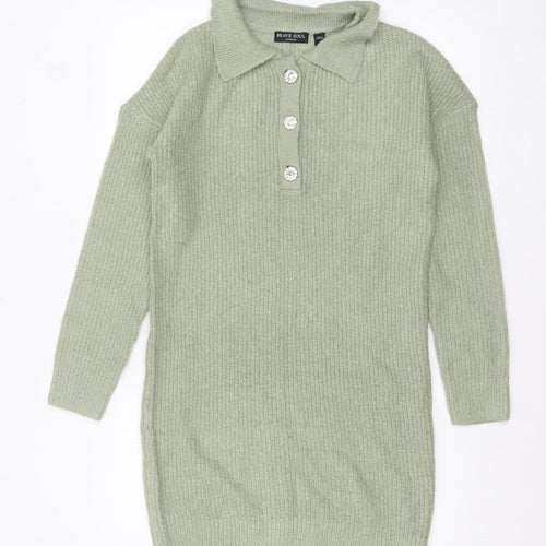 Brave Soul Women's Green Collared Henley Knit Jumper Size 8