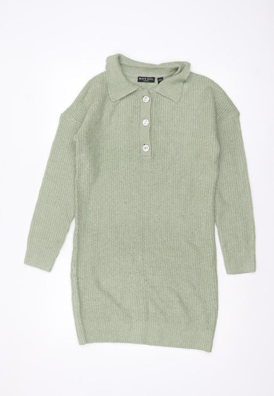 Brave Soul Women's Green Collared Henley Knit Jumper Size 8
