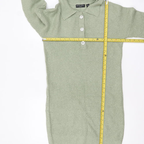 Brave Soul Women's Green Collared Henley Knit Jumper Size 8