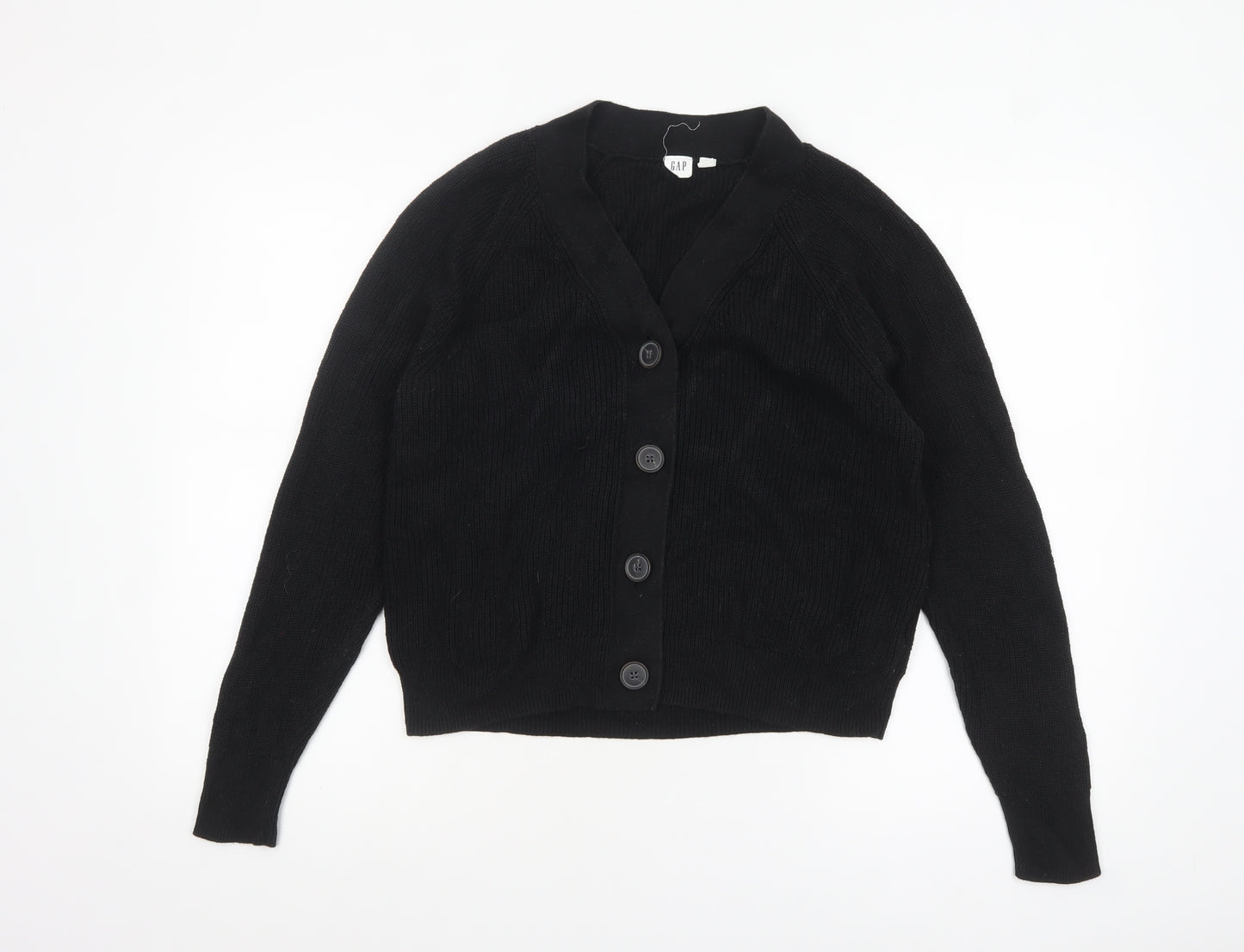GAP Women Black Medium Button Cardigan 100% Cotton V-Neck Knit