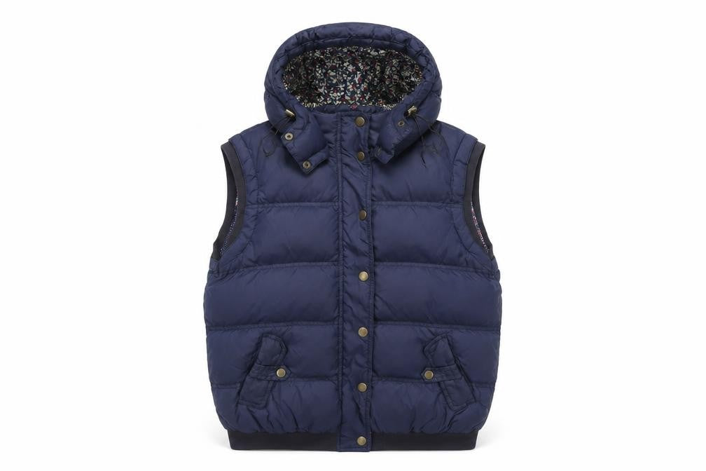 Front view of Louche Women's Blue Hooded Puffer Waistcoat, size 10