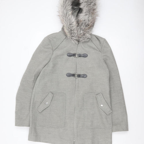 New Look Women's Grey Faux Fur Hooded Duffle Coat Size 10