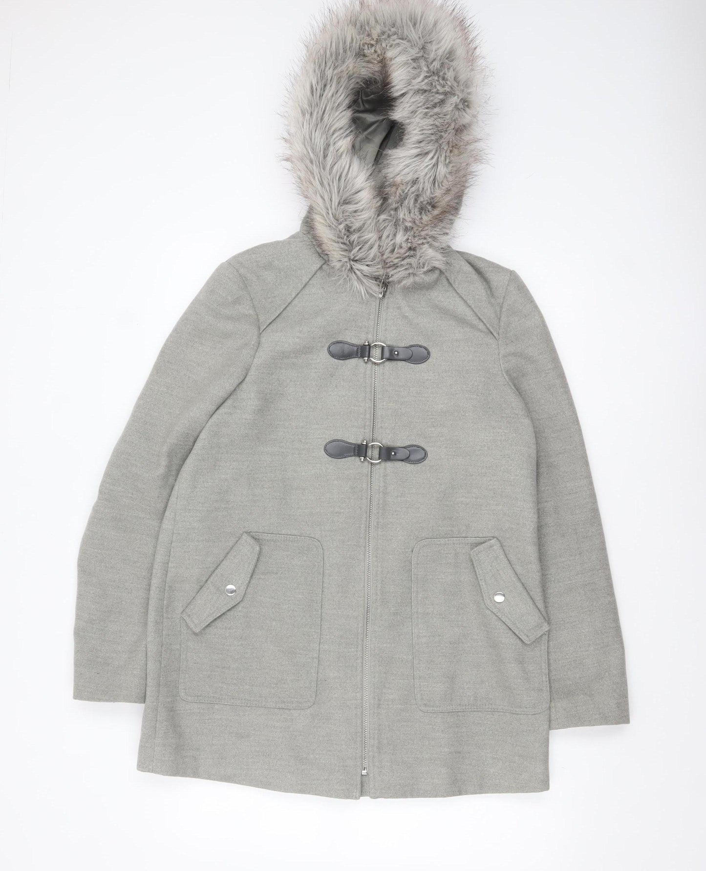New Look Women's Grey Faux Fur Hooded Duffle Coat Size 10