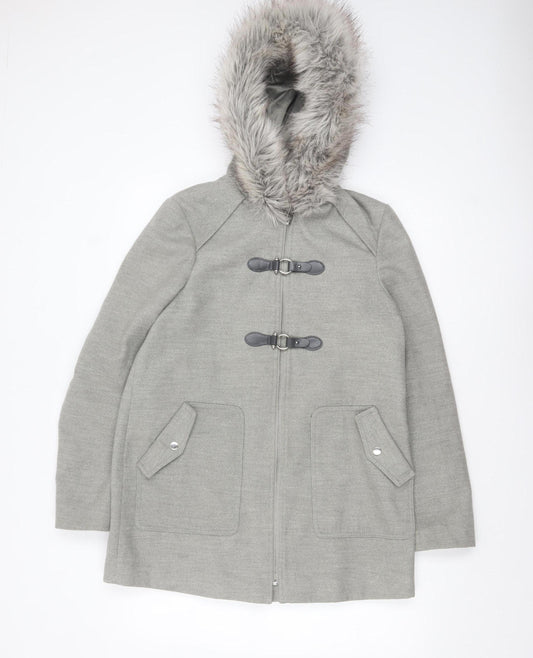 New Look Women's Grey Faux Fur Hooded Duffle Coat Size 10