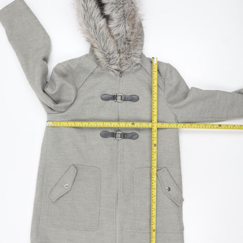 New Look Women's Grey Faux Fur Hooded Duffle Coat Size 10