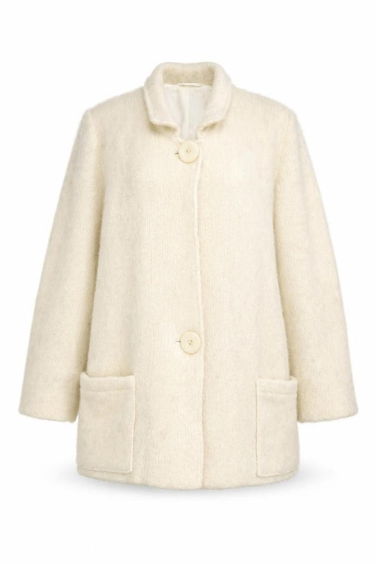 Front view of Hilda Ltd women’s ivory wool mid-length coat, size M, classic style