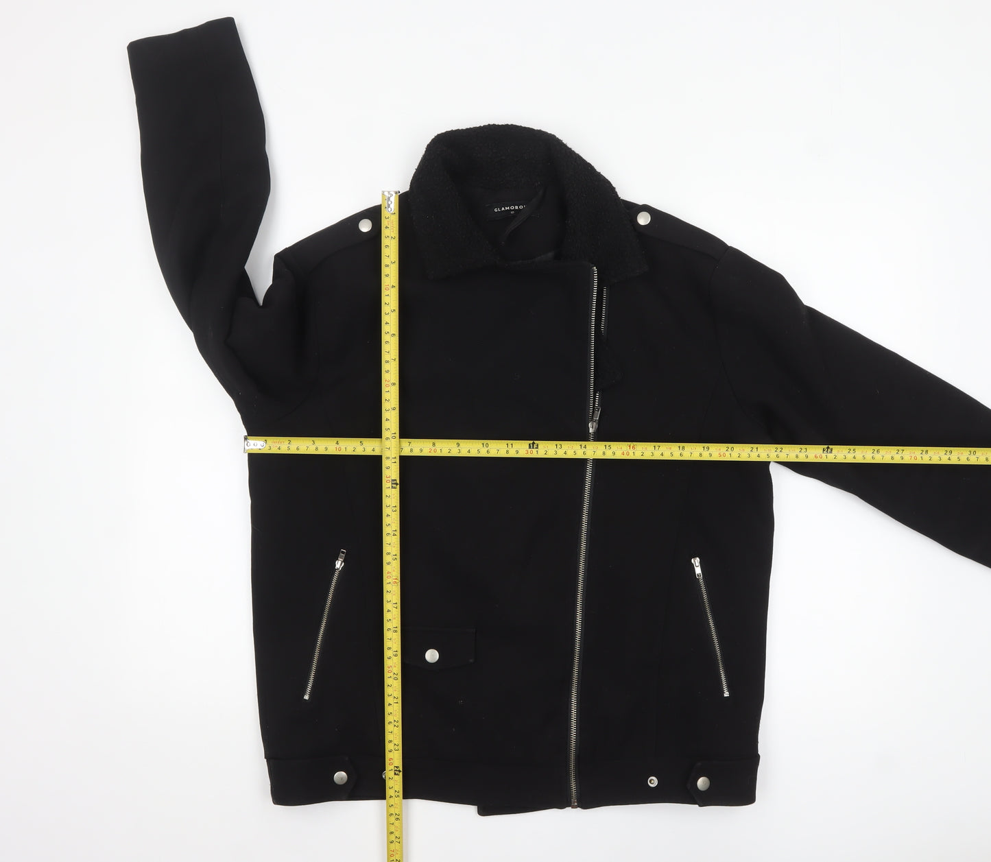 Glamorous Women's Black Biker Jacket Size 10 Lined Short Zip Detail