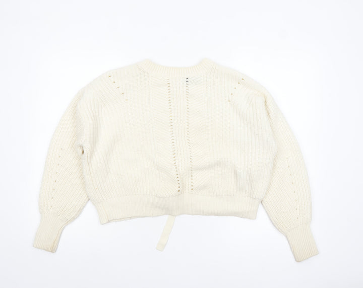 New Look Women Ivory Chunky Knit Bow Detail Jumper Size S