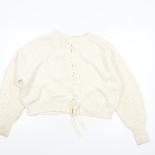 New Look Women Ivory Chunky Knit Bow Detail Jumper Size S
