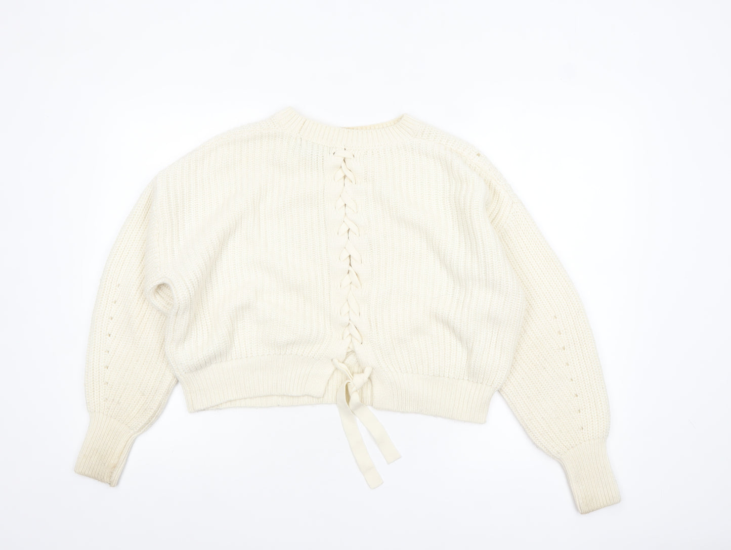 New Look Women Ivory Chunky Knit Bow Detail Jumper Size S