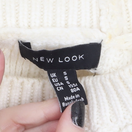 New Look Women Ivory Chunky Knit Bow Detail Jumper Size S