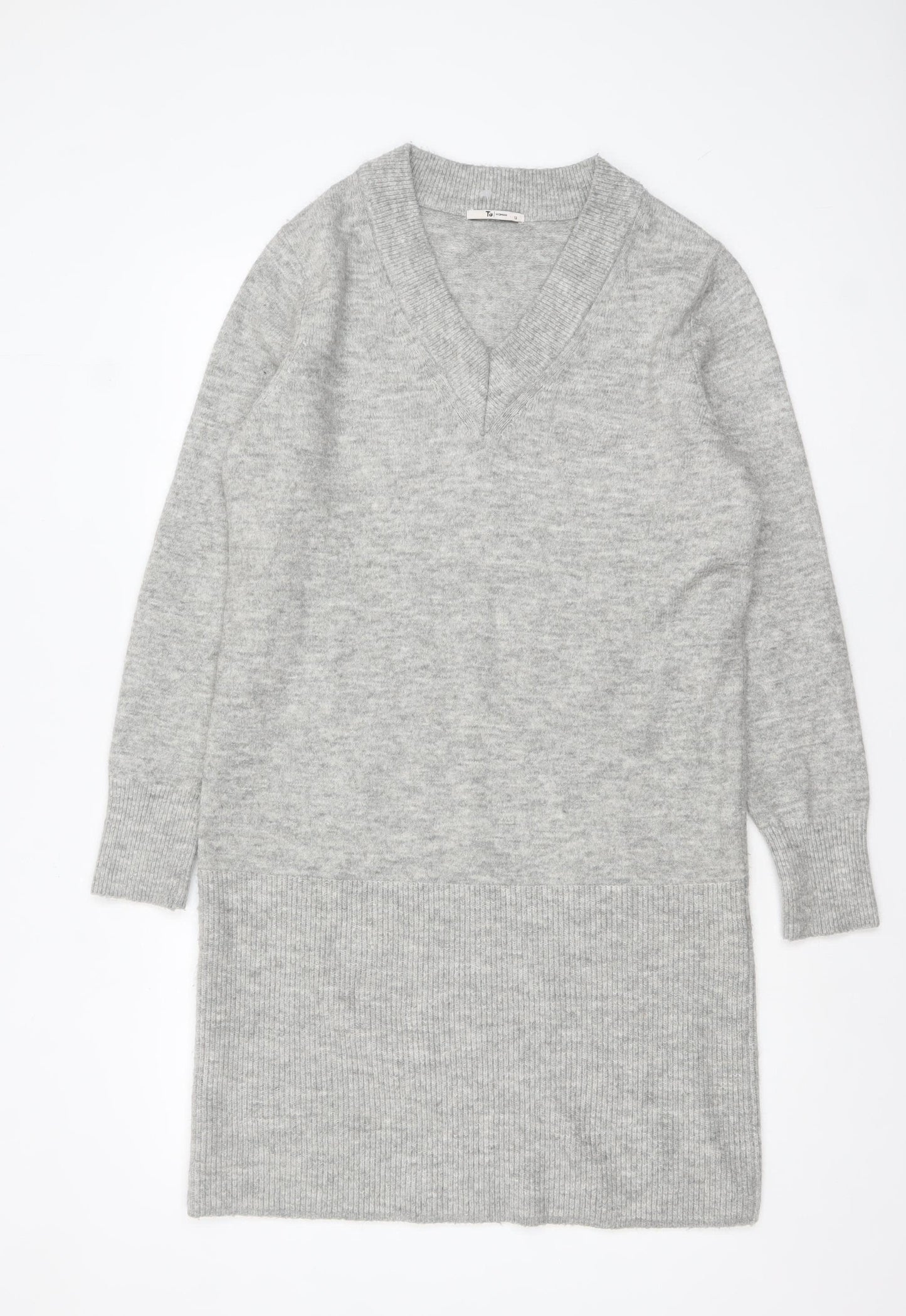 Tu Women’s Grey Knit V-Neck Long Sleeve Jumper Dress Size 12