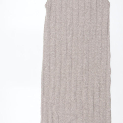 ZARA Women Beige Knit Sleeveless High Neck Midi Tank Dress M