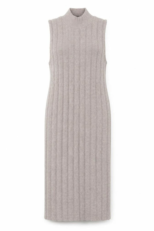 Front view of Zara Women Beige Knit Sleeveless High Neck Midi Tank Dress M