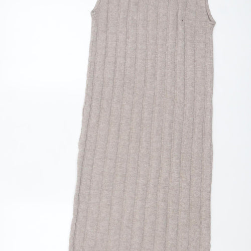 ZARA Women Beige Knit Sleeveless High Neck Midi Tank Dress M