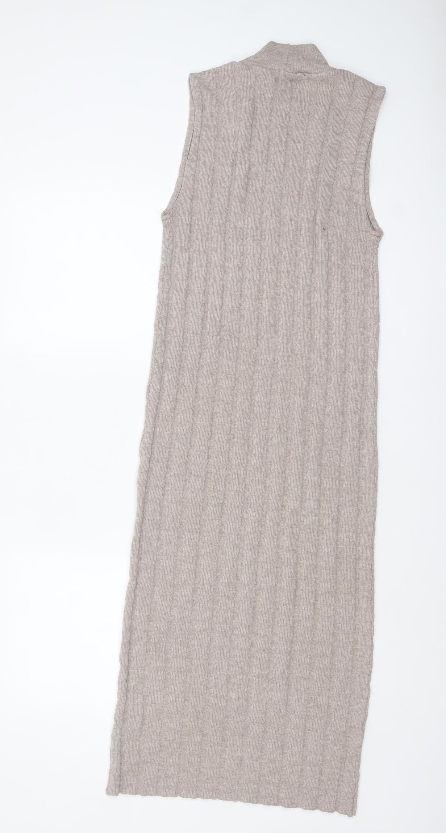 ZARA Women Beige Knit Sleeveless High Neck Midi Tank Dress M