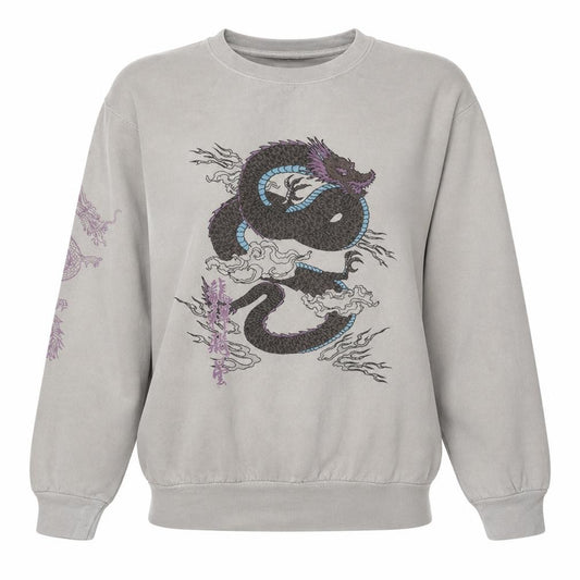 Front view of PRETTYLITTLETHING women’s beige dragon print pullover sweatshirt, size S