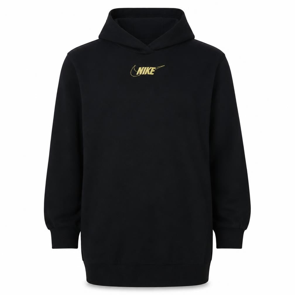 Front view of Nike Teens Black Pullover Hoodie M Gold Logo Fleece Sweatshirt