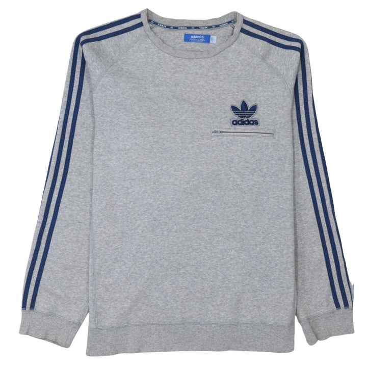 Adidas Men’s Grey Pullover Sweatshirt L Logo Zip Pocket Crew Neck