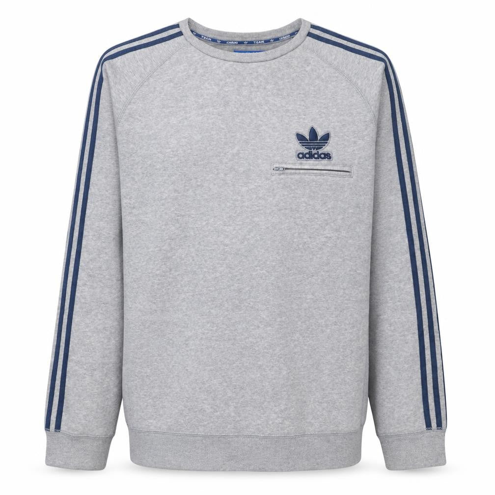 Front view of Adidas Men’s Grey Pullover Sweatshirt L Logo Zip Pocket Crew Neck