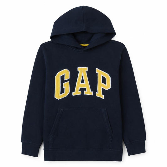 Front view of Gap Kids boys’ navy blue pullover hoodie xl 12-13 years cotton blend