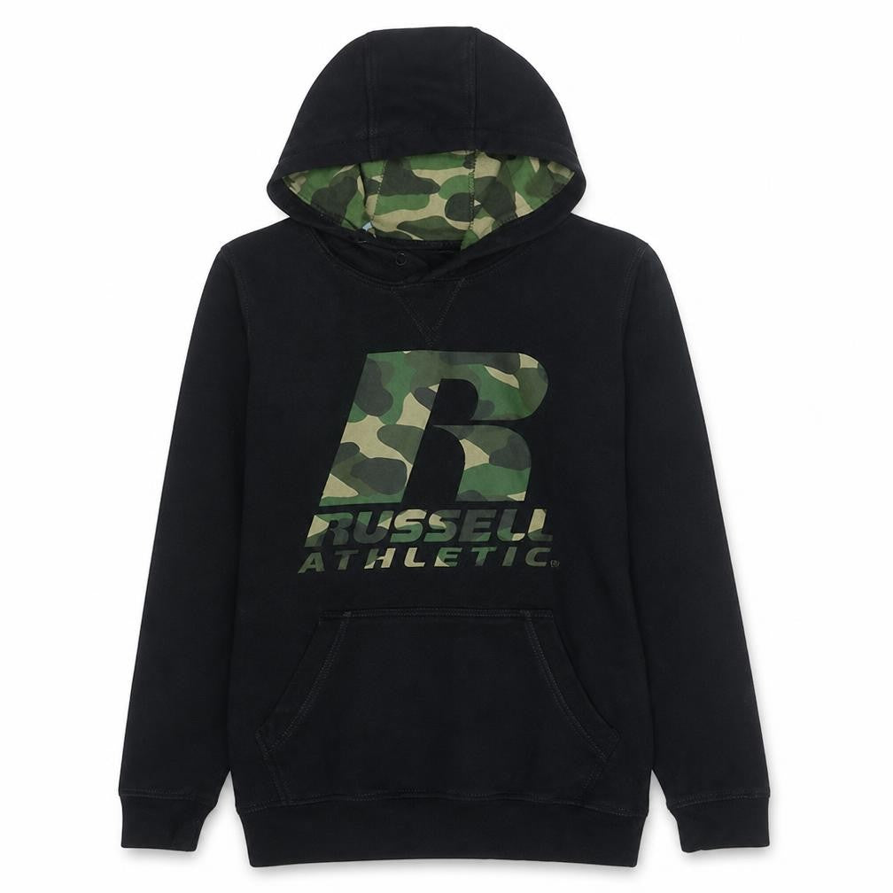 Front view of Russell Athletic boys’ black 12-13 years pullover hoodie camo logo