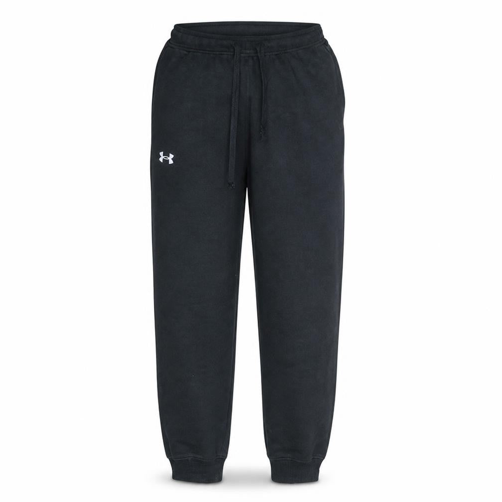 Front view of Under Armour men’s black fleece jogger trousers, size M