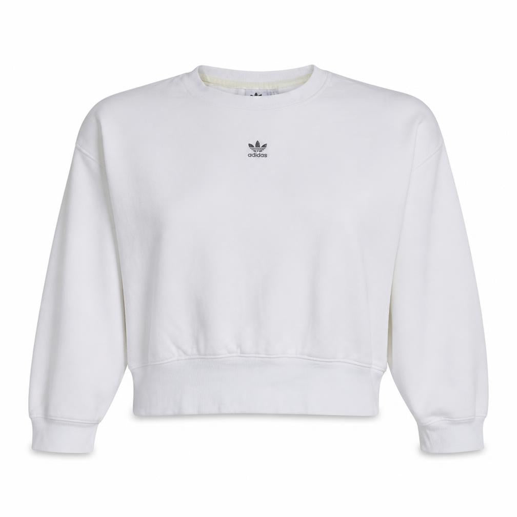 Front view of Adidas women’s white crew neck pullover sweatshirt, size UK 10