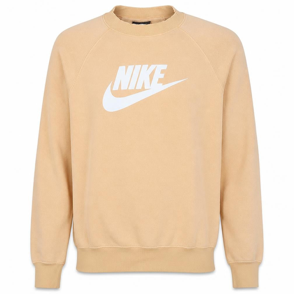 Front view of Nike Men's Beige Small Crew Neck Logo Pullover Sweatshirt