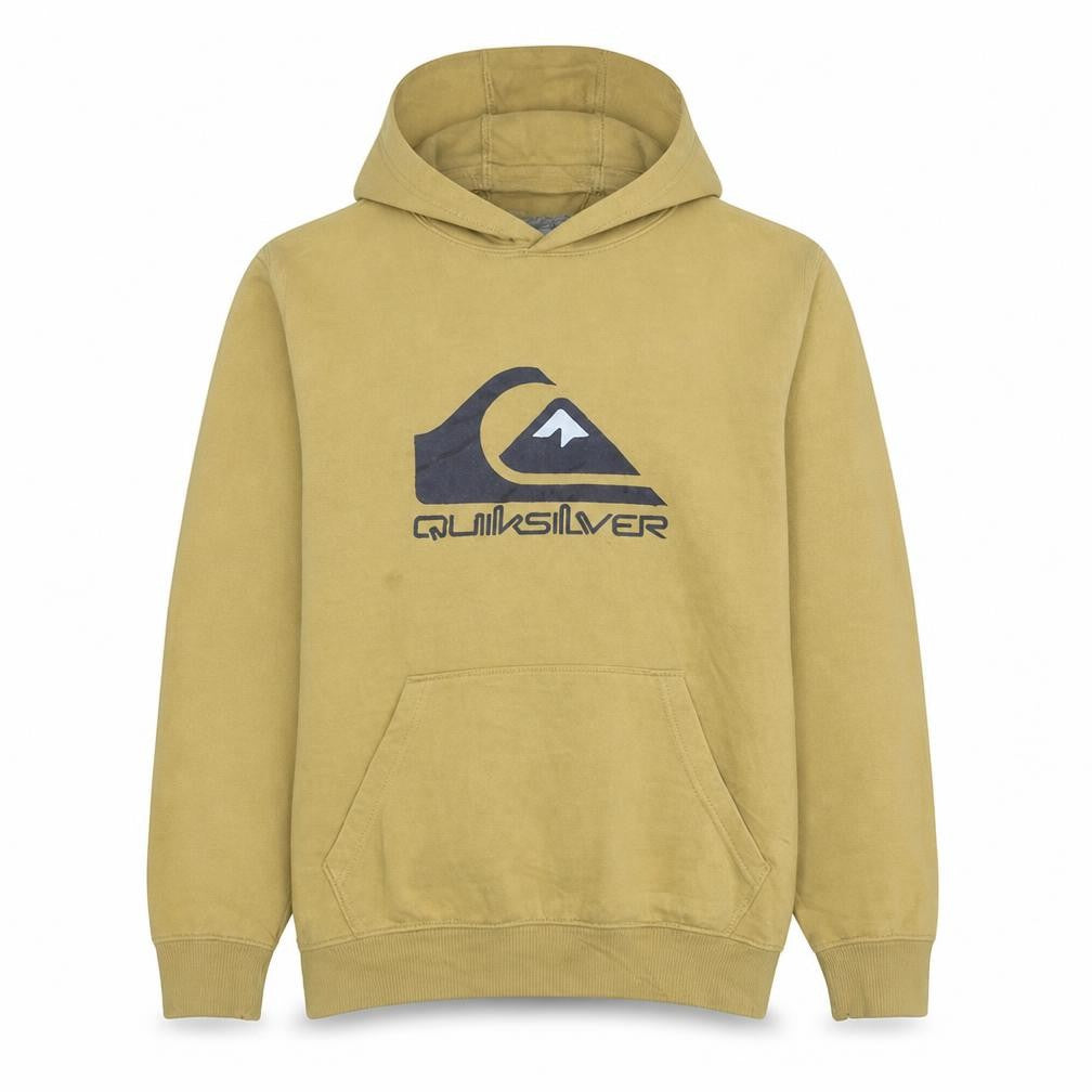Front view of Quiksilver Men's Beige Pullover Hoodie M Logo Fleece Sweatshirt