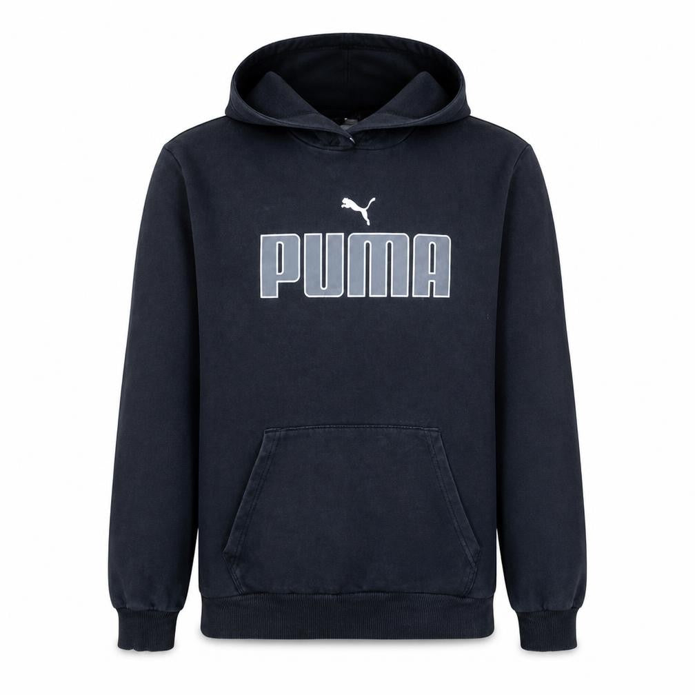 Front view of Puma Men's Black Pullover Hoodie, size L, Graphic Fleece Sweatshirt