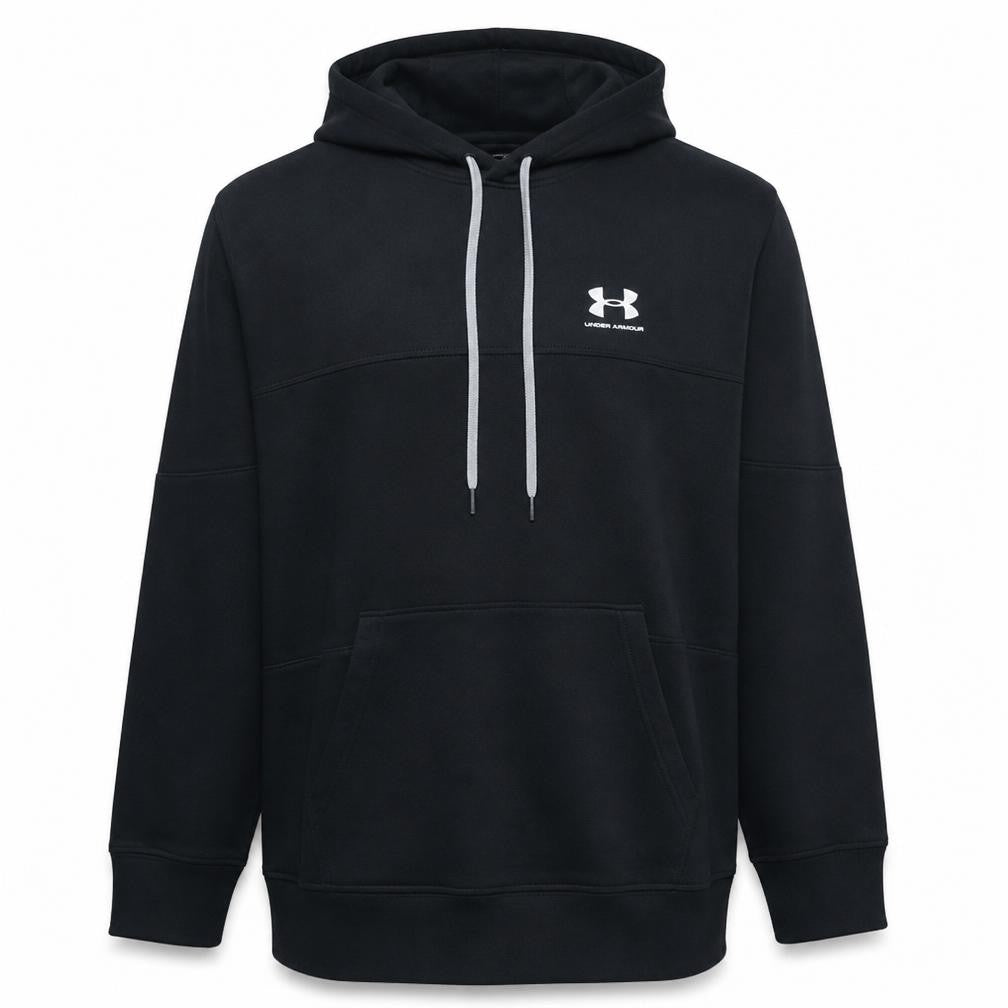 Front view of Under Armour Men's Black Pullover Hoodie, size M, Sports Fleece