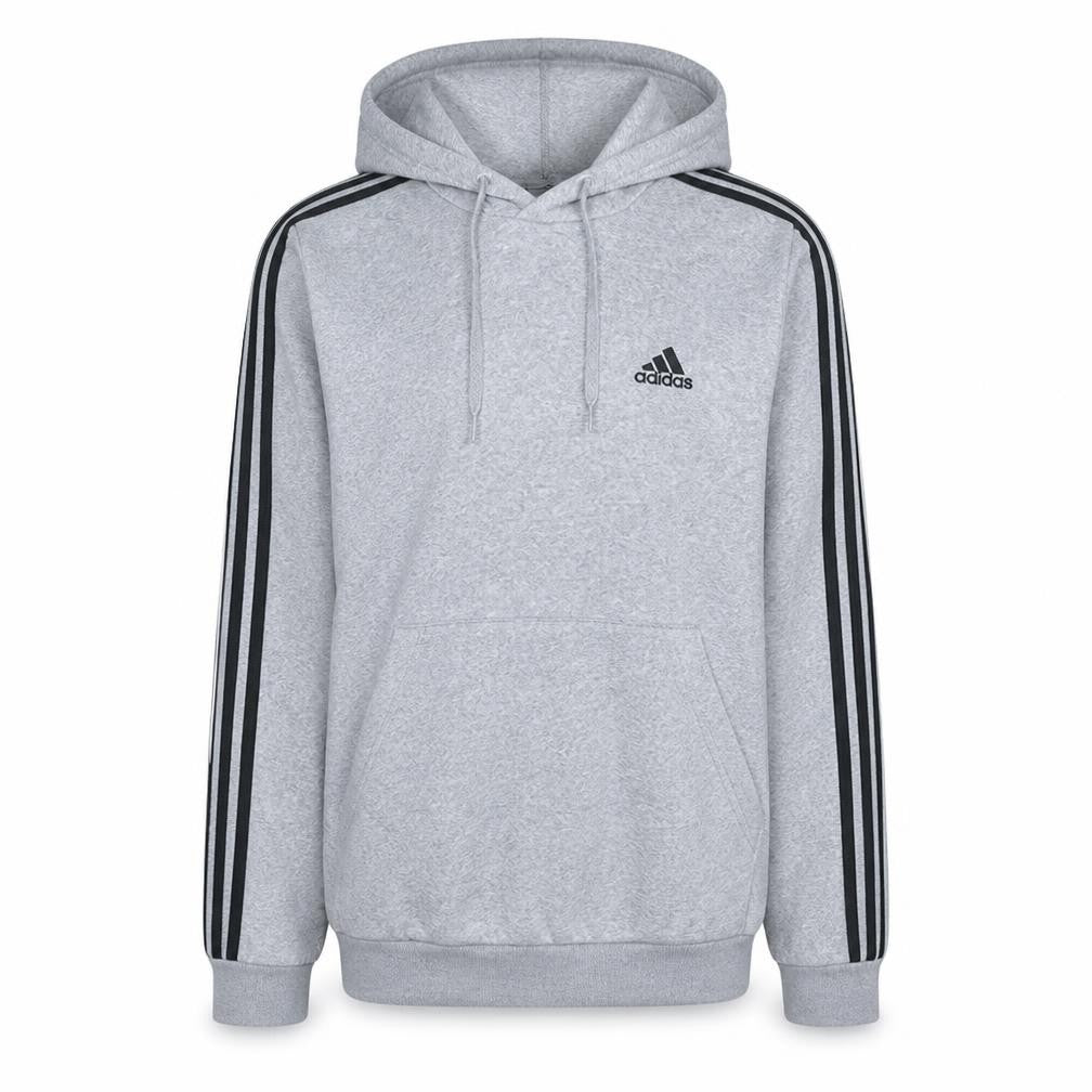 Front view of Adidas Men's Grey Pullover Hoodie L Classic 3-Stripes Style