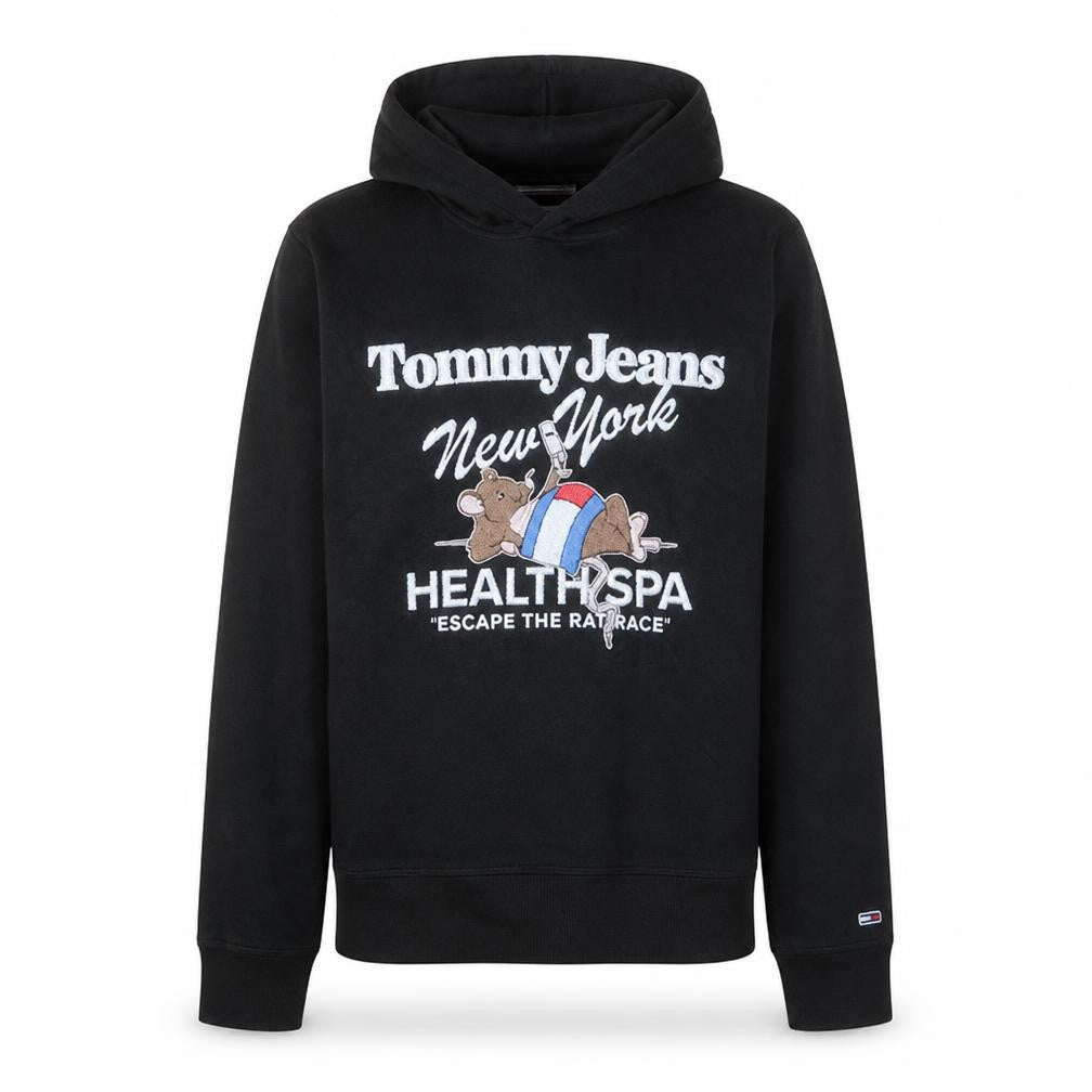 Front view of Tommy Jeans Men's Black Pullover Hoodie, size S, Graphic Print Logo