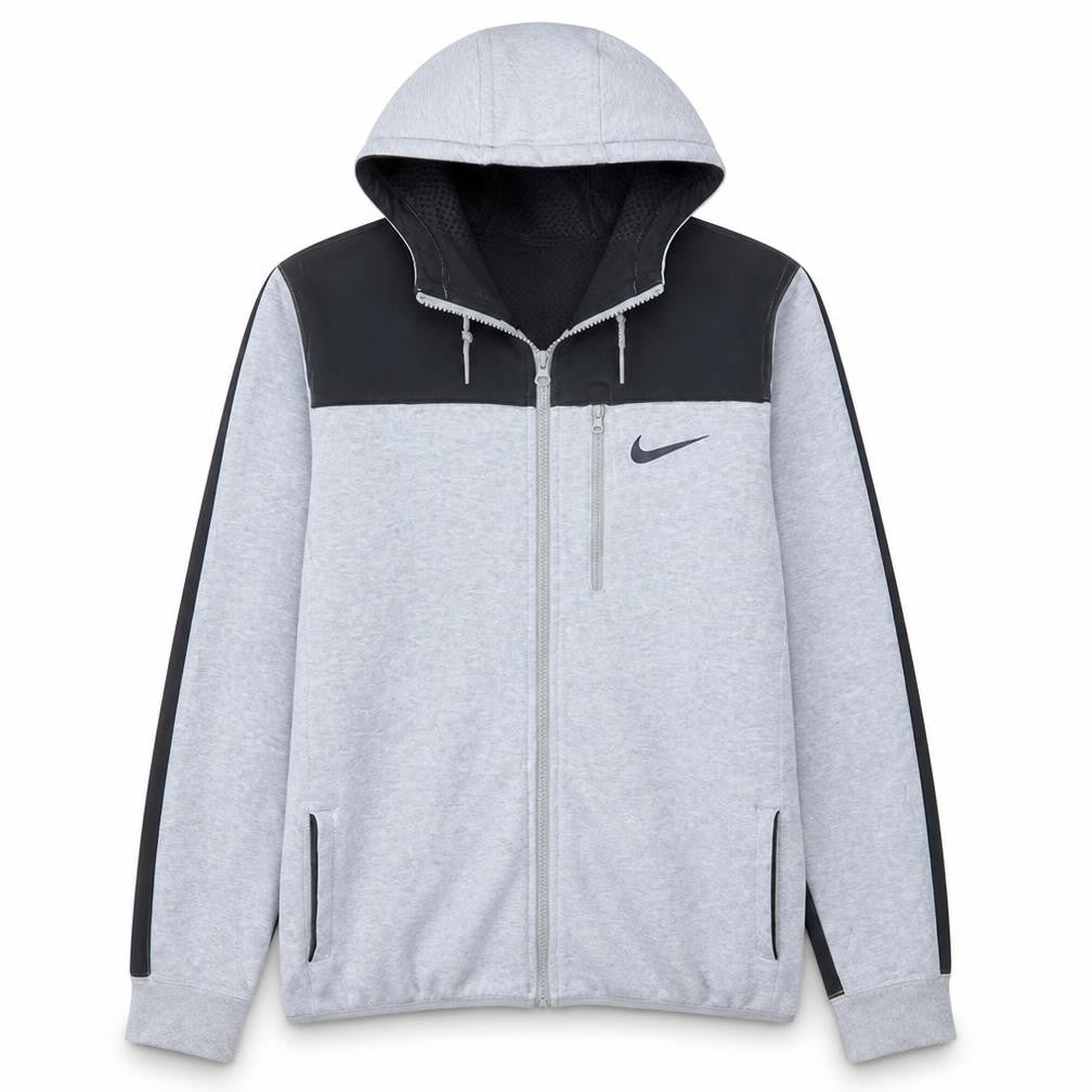 Front view of Nike Men Grey Full Zip Hoodie, size S, Regular Fit Cotton Blend