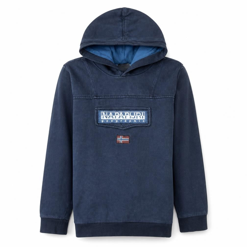 Front view of Napapijri women’s blue pullover hoodie cotton, size UK 12
