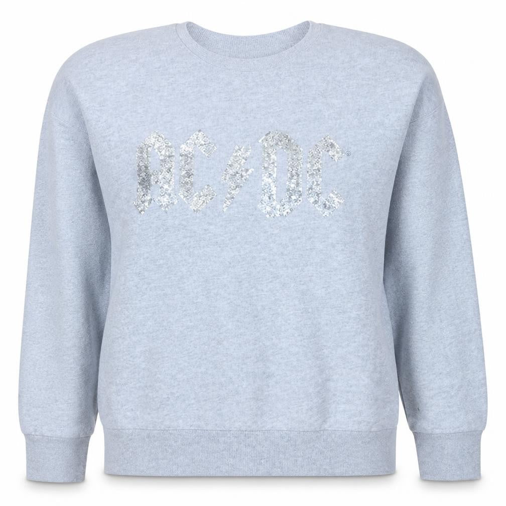 Front view of AC/DC Women's Grey Sequin Logo Pullover Sweatshirt UK 14