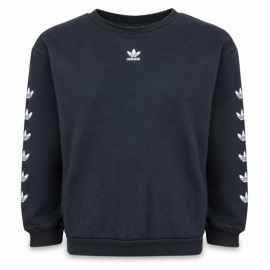 Front view of Adidas women’s black crew neck pullover sweatshirt, size UK 8, classic logo