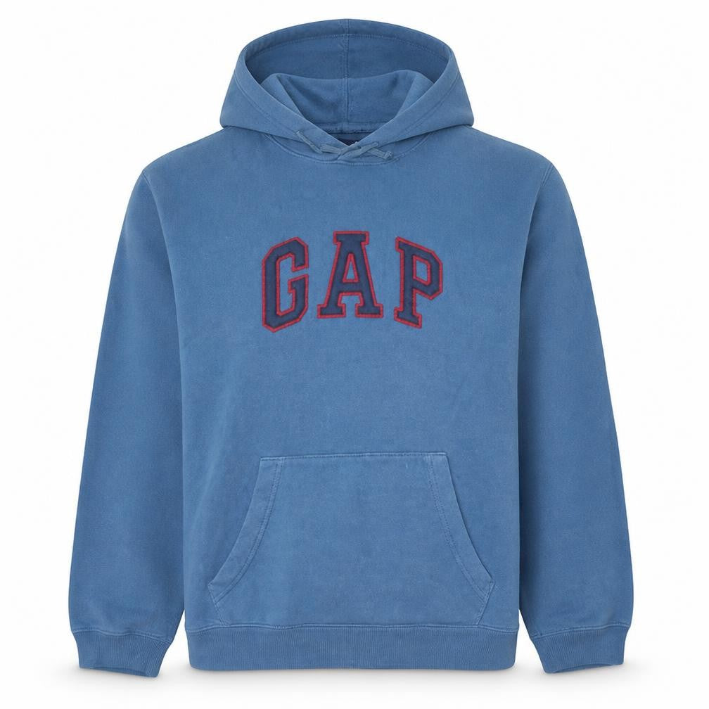 Front view of Gap Men's Blue Pullover Hoodie Medium Embroidered Logo Fleece