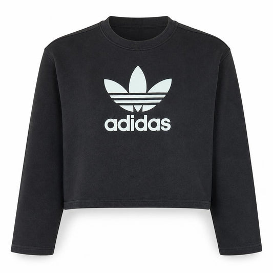 Front view of Adidas women’s black crop sweatshirt uk 12 crew neck long sleeve