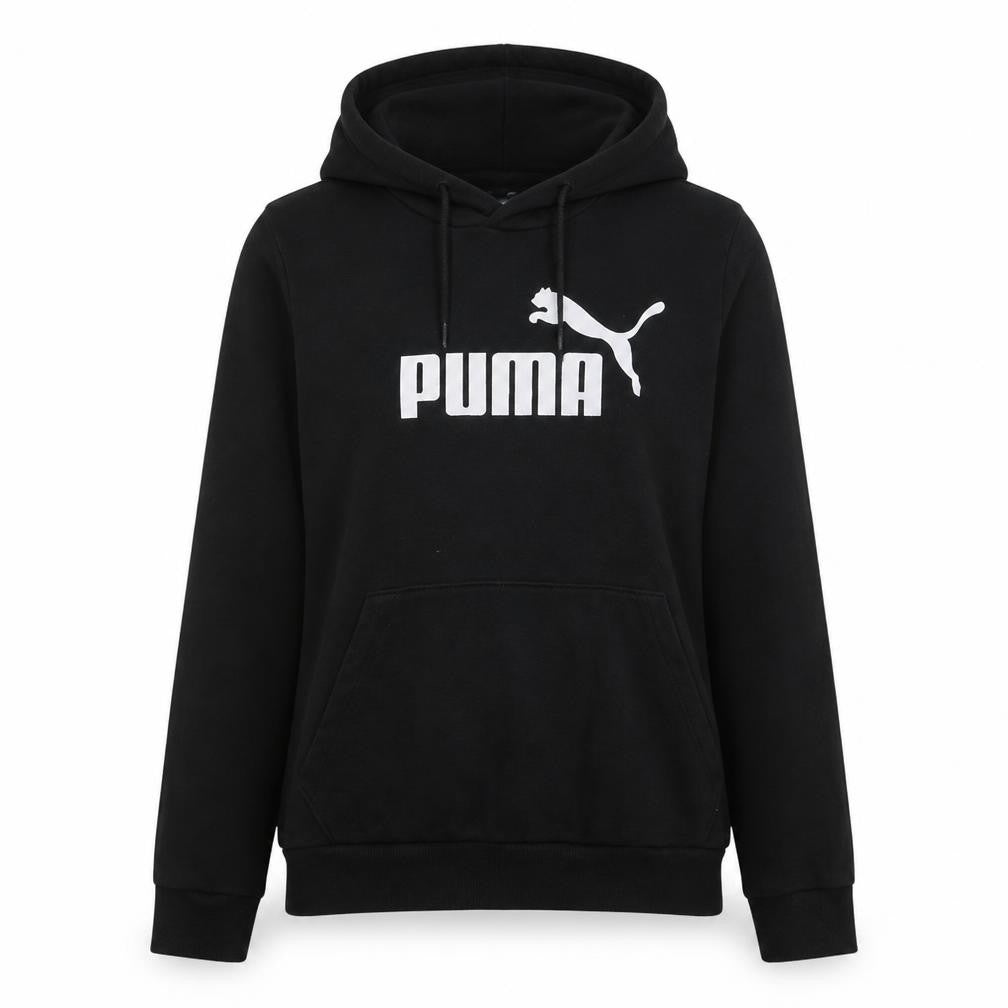 Front view of Puma Women's Black Pullover Hoodie UK 14 Logo Print Cotton Blend