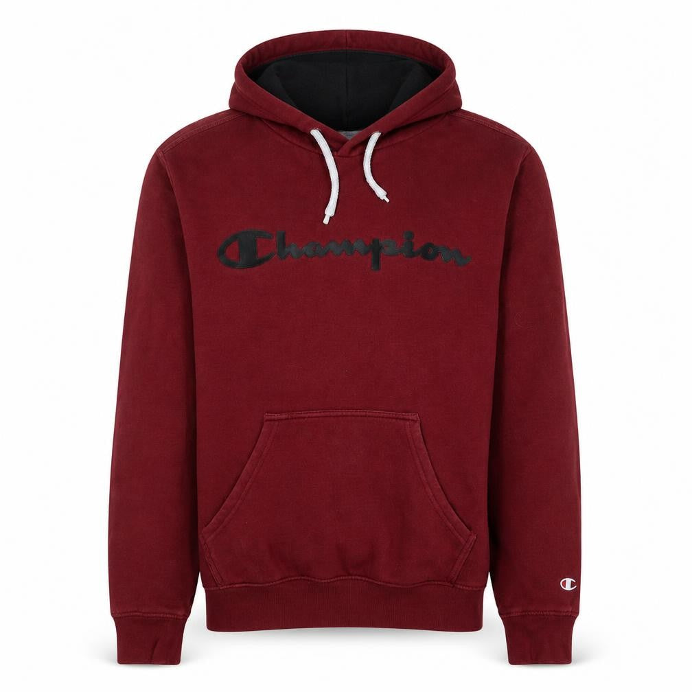 Front view of Champion Men's Red Pullover Hoodie, size S, Logo Fleece Sweatshirt