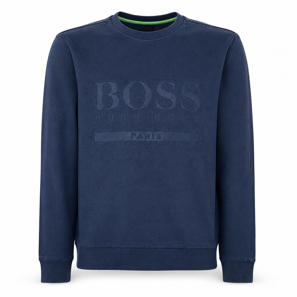Front view of Hugo Boss Men's Blue Slim Fit Crew Neck Logo Sweatshirt, size M