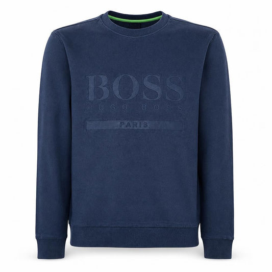 Front view of Hugo Boss Men's Blue Slim Fit Crew Neck Logo Sweatshirt, size M