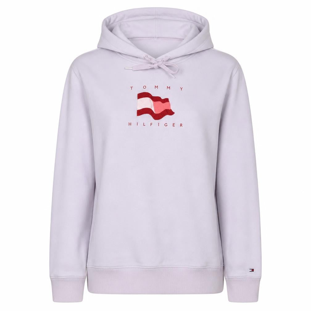 Front view of Tommy Hilfiger Women's White Small Pullover Hoodie with Logo Design