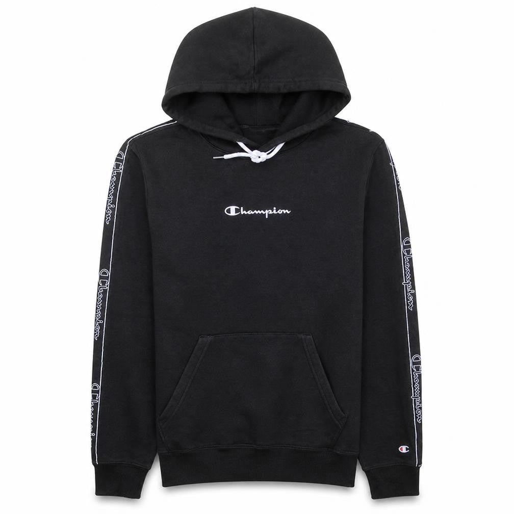 Front view of Champion Men's Black Pullover Hoodie Medium Fleece Logo Sweatshirt