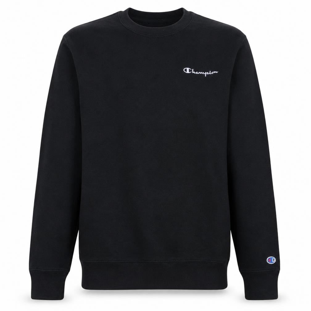 Front view of Champion Men's Black Crew Neck Pullover Sweatshirt, size M