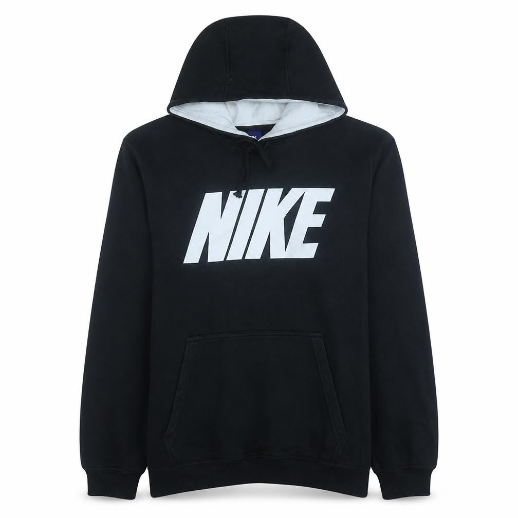 Front view of Nike Men's Black Pullover Hoodie, size L, Graphic Fleece Sweatshirt